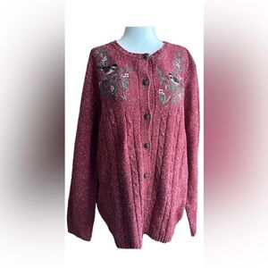 Penmans XL long sleeve button up embroidered chickadees sweater, burgundy